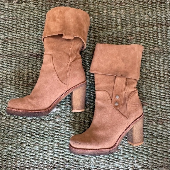 UGG Australia JOSIE Chestnut Convertible Cuff Suede High Heel Boots Size 6 - Picture 5 of 10